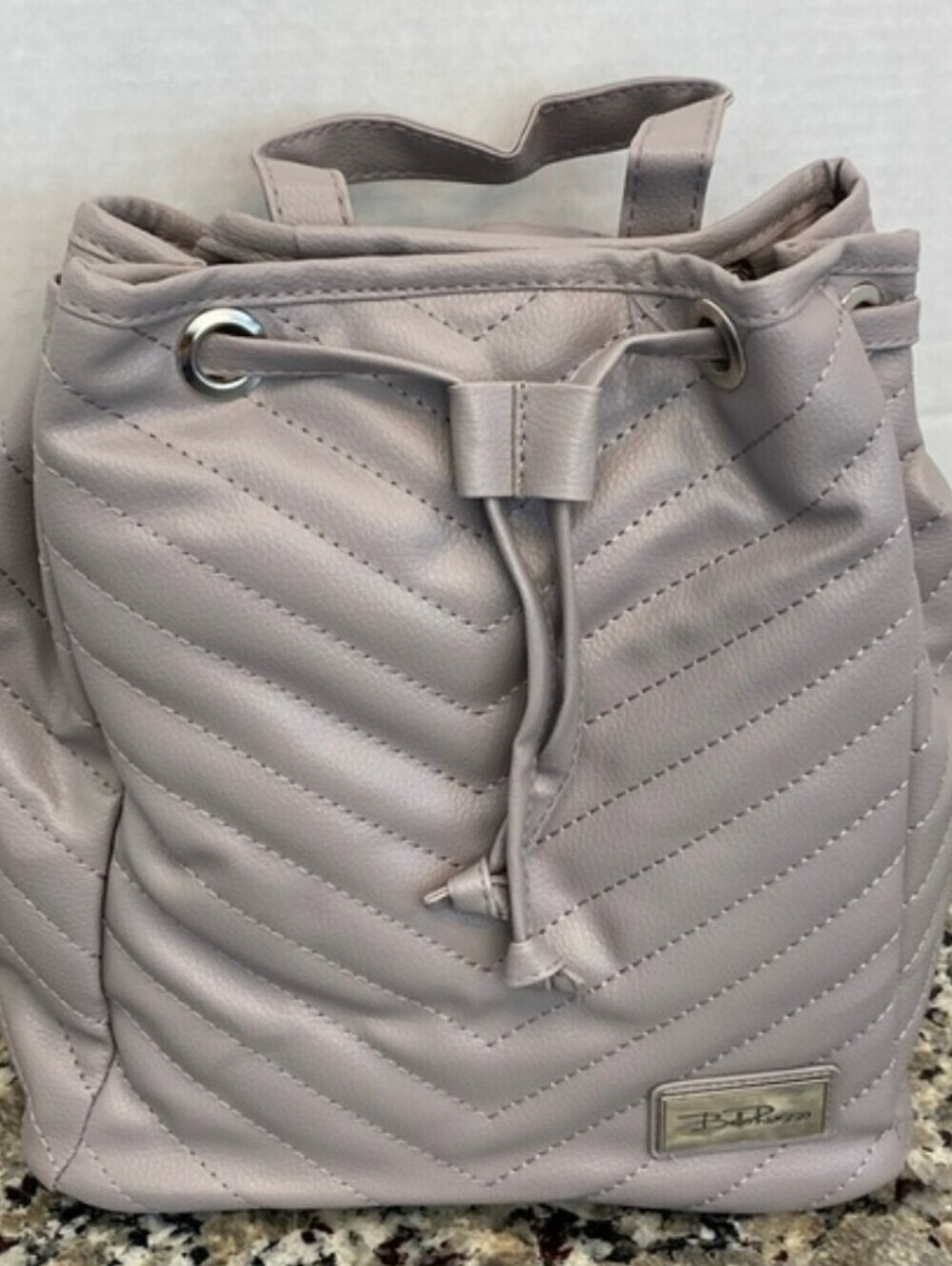 Bella Russo Faux Leather Quilted Backpack Bag/Purse Drawstring Close Tan 10x10"
